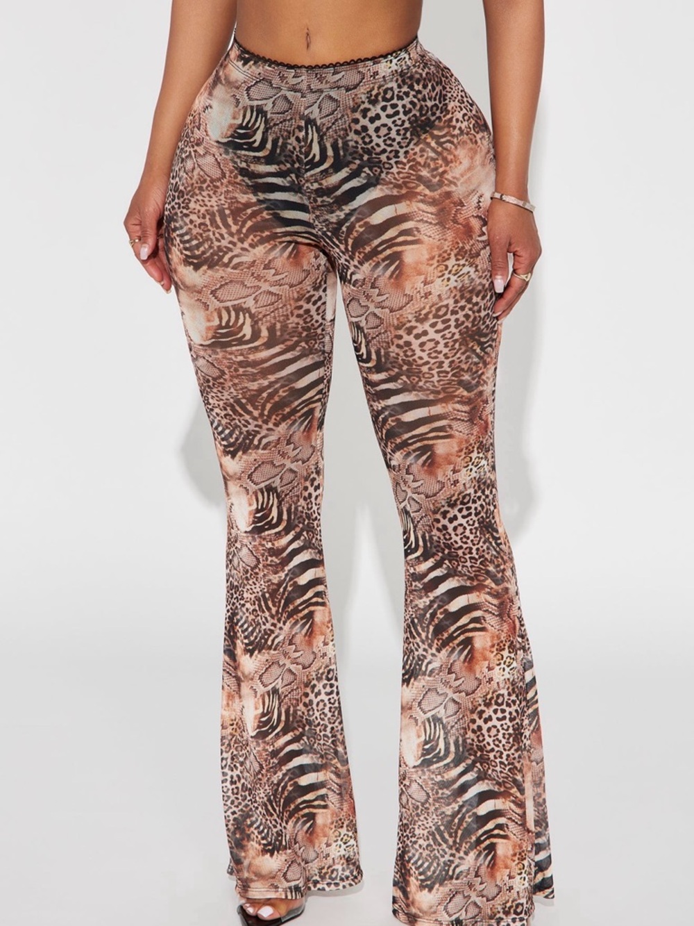 Animal Print Mesh Flare Pants - Brown